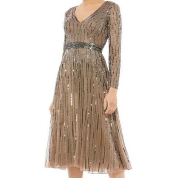 Mac Duggal Dark Taupe Sequin Beaded Long Sleeve Midi Dress - Picture 1 of 2